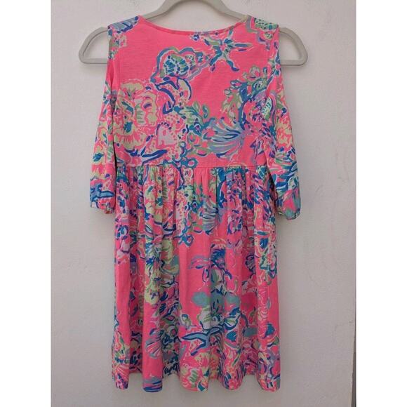 LILLY PULITZER Girl's Dress Cold Shoulder 3/4 Sleeve Neon Pink Floral Size 8-10 - Picture 10 of 10